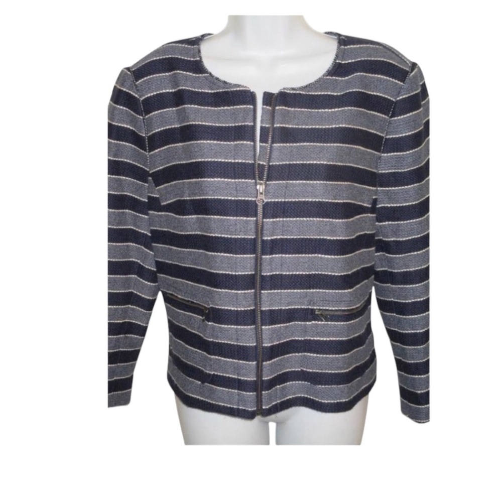 Ann Taylor LOFT  Tweed Blue Striped Zip Jacket 12
